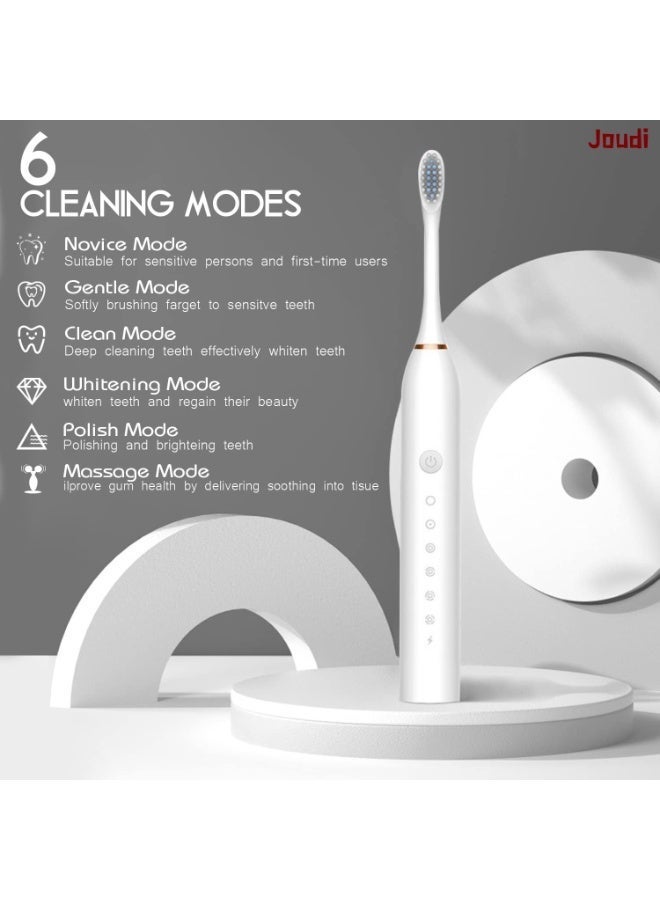 Joudi Sonic Electric Toothbrushes, USB Rechargeable Ultrasonic Tooth Brush with 4 Brush Heads 6 Cleaning Modes and Smart Timer IPX7 Waterproof Cleaning Toothbrushes for Adults and Kids（White） - Image 3